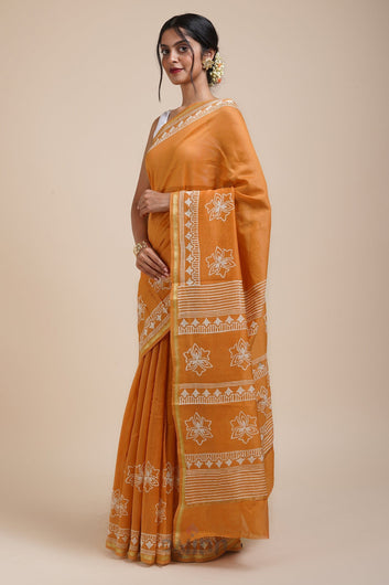 AYSR Boutique Sunkissed Mustard Block Print Chanderi Silk Saree
