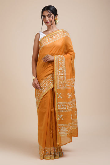AYSR Boutique Sunehri Sham Mustard Block Print Chanderi Silk Saree