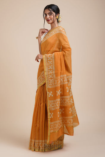 AYSR Boutique Sunehri Sham Mustard Block Print Chanderi Silk Saree