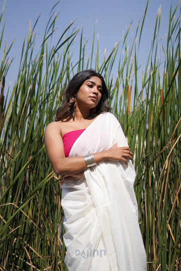 AYSR Boutique Vanilla and Cherry White and Hot Pink Mulmul Saree