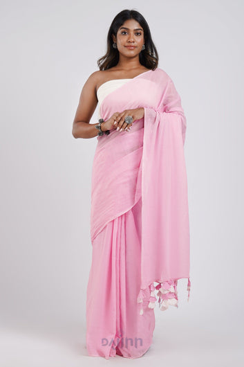 AYSR Boutique Teaberry Light Pink and White Mulmul Saree