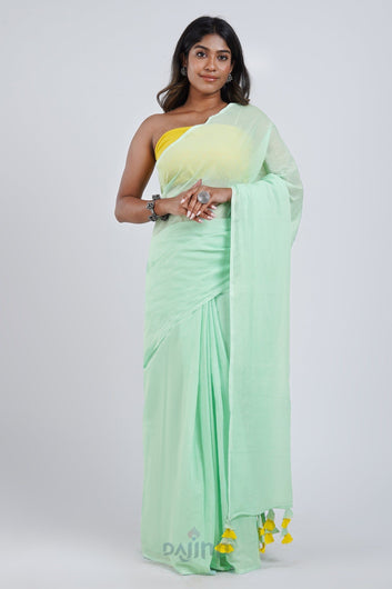AYSR Boutique Piña Colada Punch Mint Green and Yellow Mulmul Saree