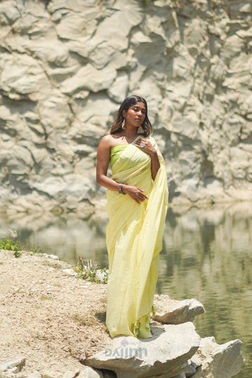 AYSR Boutique Lemon and Lime Light Yellow and Green Mulmul Saree