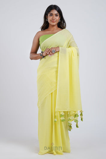 AYSR Boutique Lemon and Lime Light Yellow and Green Mulmul Saree