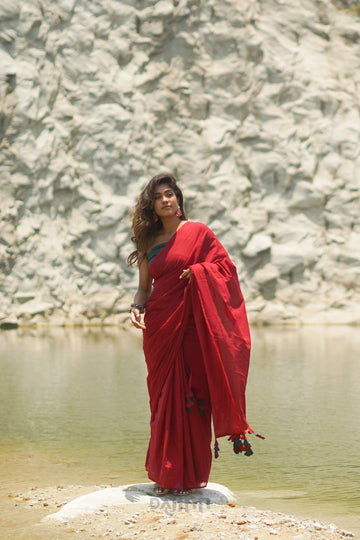 AYSR Boutique Very Cherry Maroon and Dark Green Mulmul Saree
