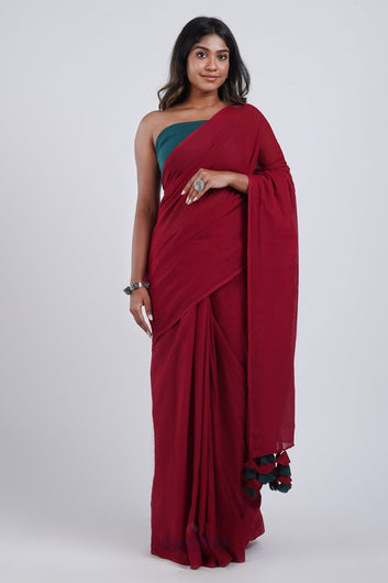 AYSR Boutique Very Cherry Maroon and Dark Green Mulmul Saree