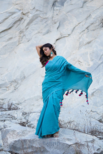 AYSR Boutique Cotton Candy Turquoise and Hot Pink Mulmul Saree