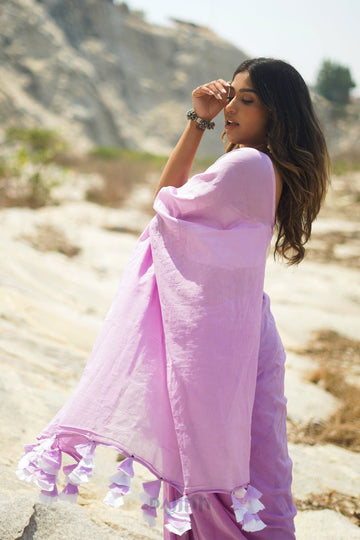 AYSR Boutique Peony Lilac and White Mulmul Saree