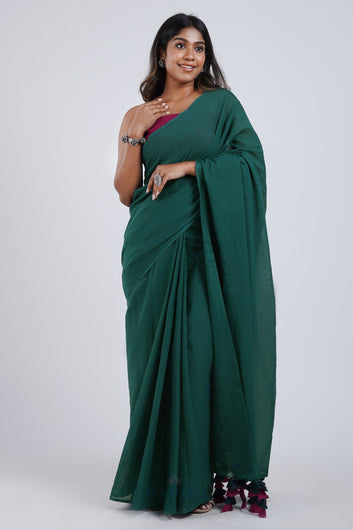 AYSR Boutique Hue Haze Dark Green and Magenta Mulmul Saree