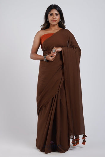 AYSR Boutique Sun and Saturn Brown and Rust Orange Mulmul Saree