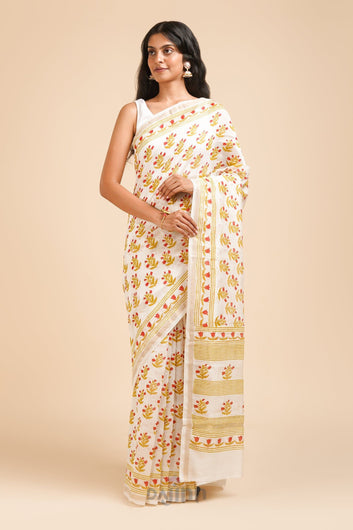 AYSR Boutique Sadabahar Green and White Block Print Chanderi silk Saree