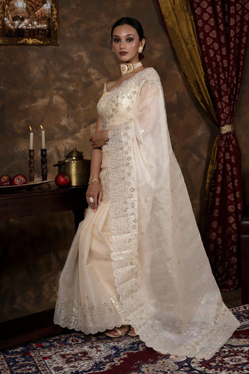 AYSR Boutique Aakruti Cream Sequin Embroidery Organza Saree
