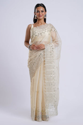 AYSR Boutique Aakruti Cream Sequin Embroidery Organza Saree