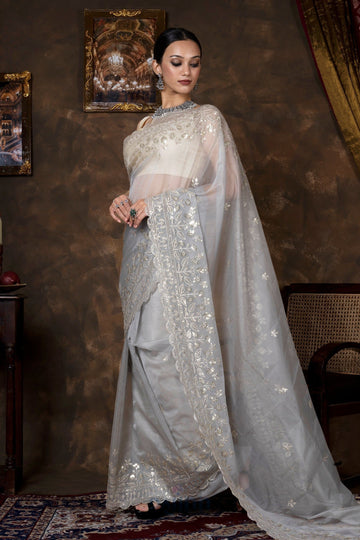 AYSR Boutique Adwetta Grey Sequin Embroidery Organza Saree