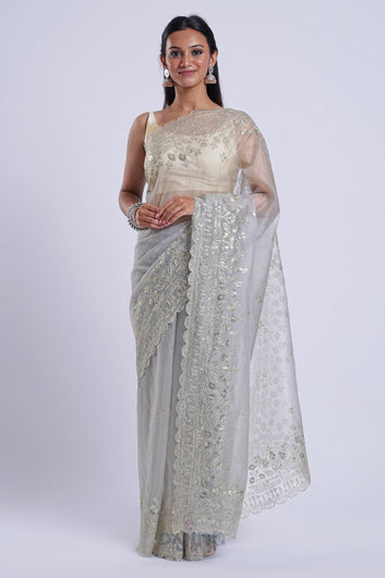 AYSR Boutique Adwetta Grey Sequin Embroidery Organza Saree