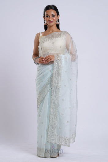AYSR Boutique Aleykha Powder Blue Sequin Embroidery Organza Saree