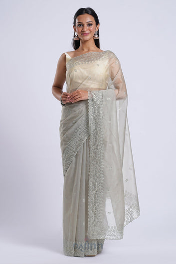 AYSR Boutique Aanisha Sage Green Sequin Embroidery Organza Saree