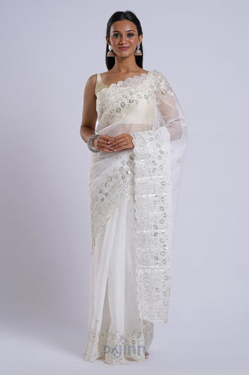 AYSR Boutique Bhrithi Off White Sequin Embroidery Organza Saree