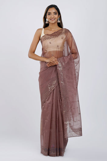 AYSR Boutique Chavvi Brown Sequin Embroidery Organza Saree