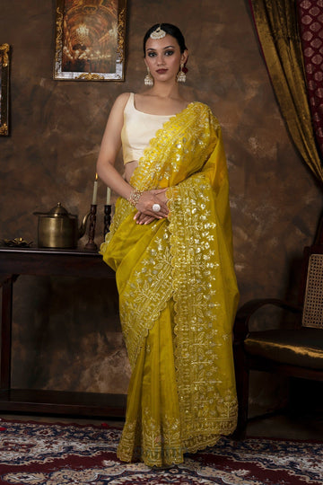 AYSR Boutique Adyti Olive Green Sequin Embroidery Organza Saree