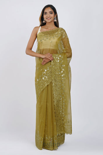 AYSR Boutique Adyti Olive Green Sequin Embroidery Organza Saree