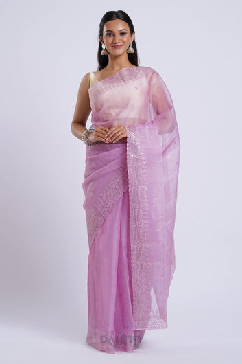 AYSR Boutique Eeshta Onion Pink Sequin Embroidery Organza Saree