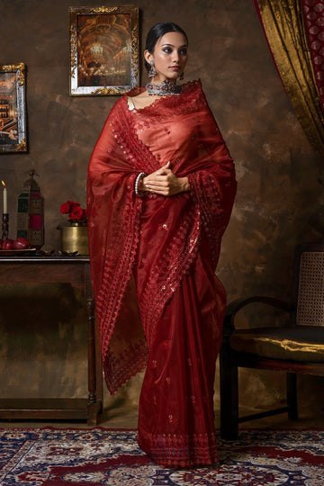 AYSR Boutique Iylia Dark Red Sequin Embroidery Organza Saree