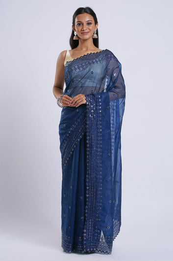 AYSR Boutique Hiranya Blue Sequin Embroidery Organza Saree