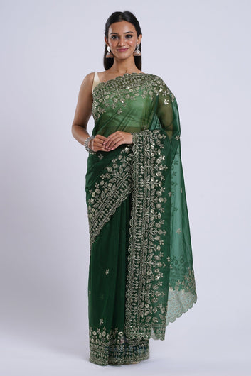 AYSR Boutique Irahi Forest Green Sequin Embroidery Organza Saree