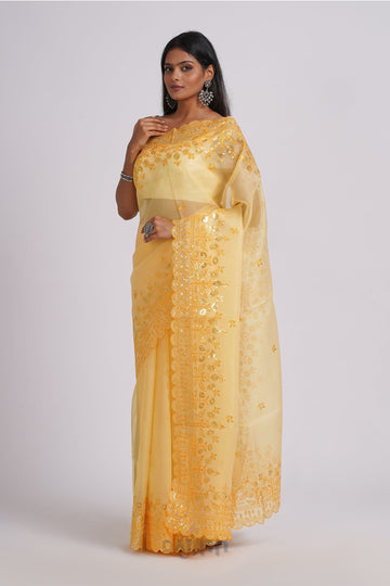 AYSR Boutique Rania Light Yellow Sequin Embroidery Organza Saree