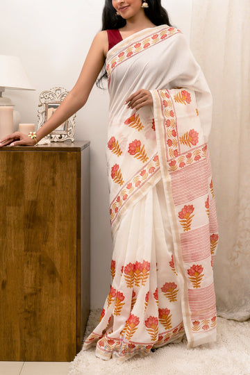 AYSR Boutique Baag-E-Gulaab Red and Caramel Block Print Chanderi Silk Saree