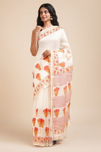 AYSR Boutique Baag-E-Gulaab Red and Caramel Block Print Chanderi Silk Saree