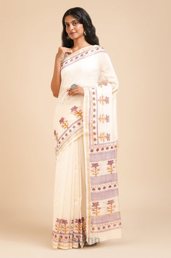 AYSR Boutique Vanyaa Purple and Off White Block Print Chanderi Silk Saree