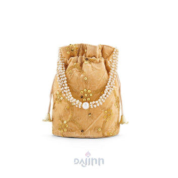 O Haseena Beige Velvet Embroidered Potli Bag