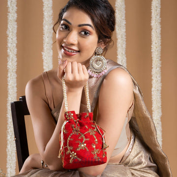 O Haseena Red Velvet Embroidered Potli Bag
