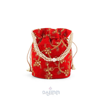 O Haseena Red Velvet Embroidered Potli Bag