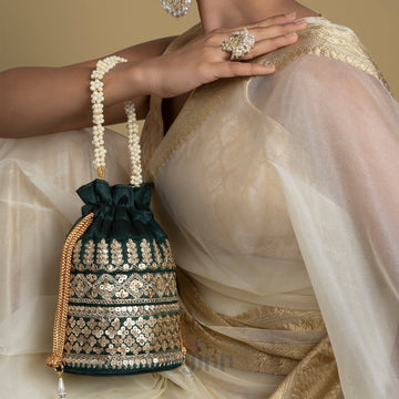 AYSR Boutique Bottle Green Embroidered Potli Bag