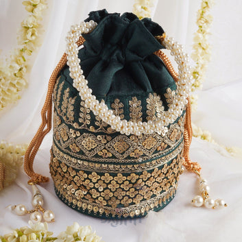 AYSR Boutique Bottle Green Embroidered Potli Bag