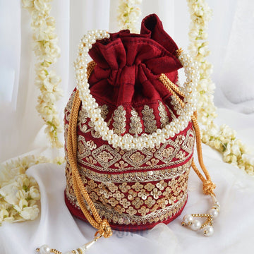 AYSR Boutique Dark Maroon Embroidered Potli Bag