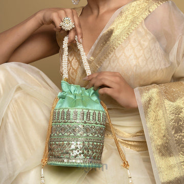 AYSR Boutique Pista Green Embroidered Potli Bag