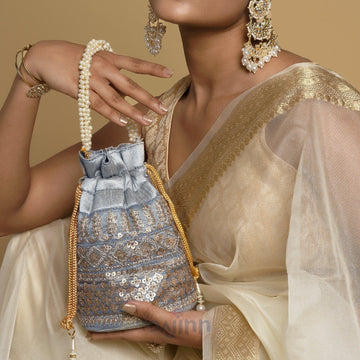 Wedding Bells Grey Embroidered Potli Bag