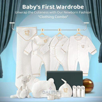 DaJinn Newborn Clothing Set, First Baby Wardrobe with Body Suits, Feeding Bibs, Mitton, Cap and Pillow – Set of 13