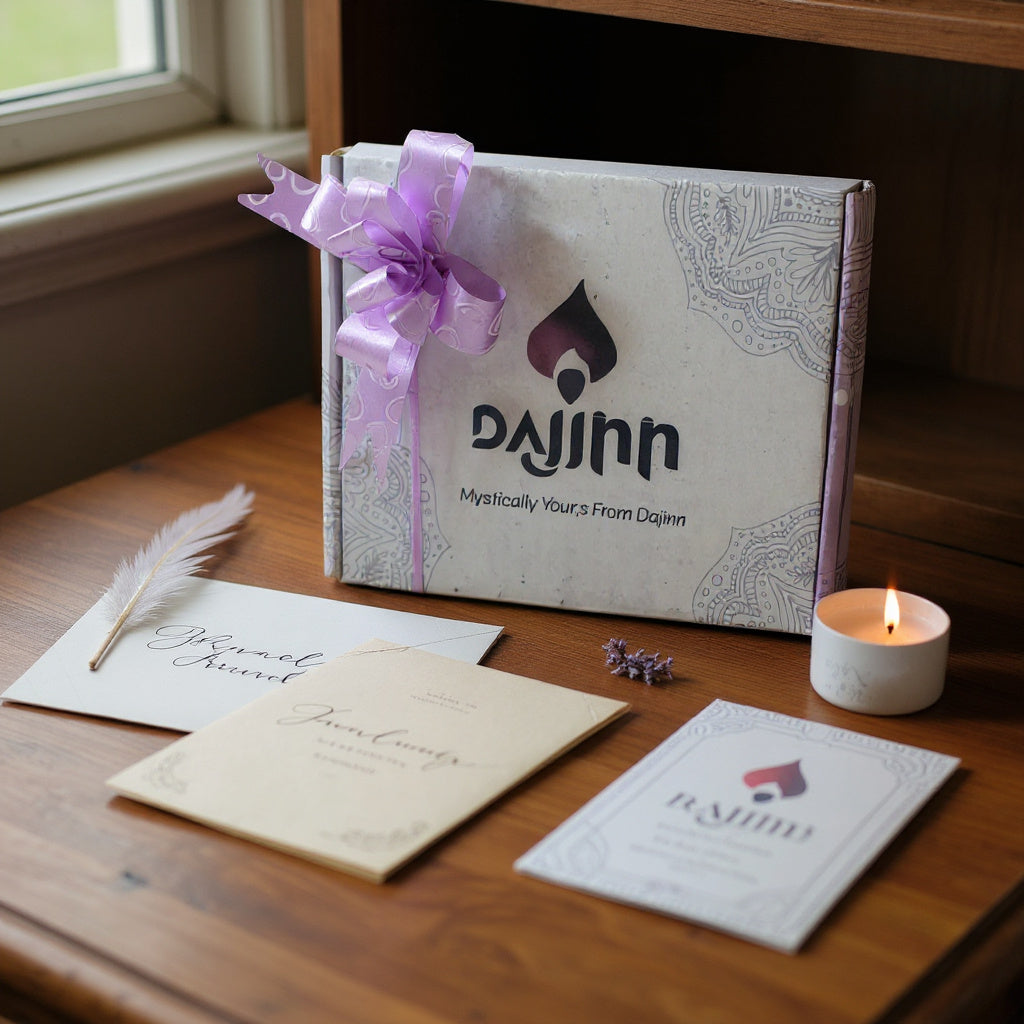 Elegant gift box from Dajinn, wrapped with a lilac ribbon, accompanied by decorative notes and a lit candle on a wooden surface.