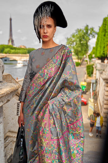 Friar Grey Kashmiri Organza Silk Saree