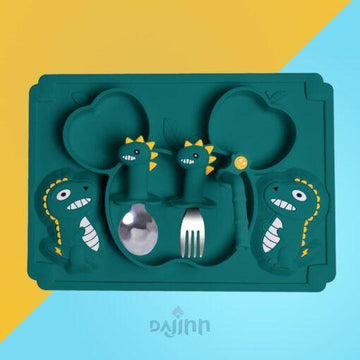 DaJinn Premium Silicone Feeding Plate for Baby & Kids with Straw & Microwave Dishwasher Safe – Green, Dragon Style