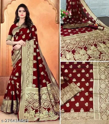 Traditional Banarasi Silk Maroon Jacquard Saree With Blouse