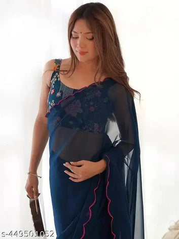 Blue Satin Saree with Golden Border Design